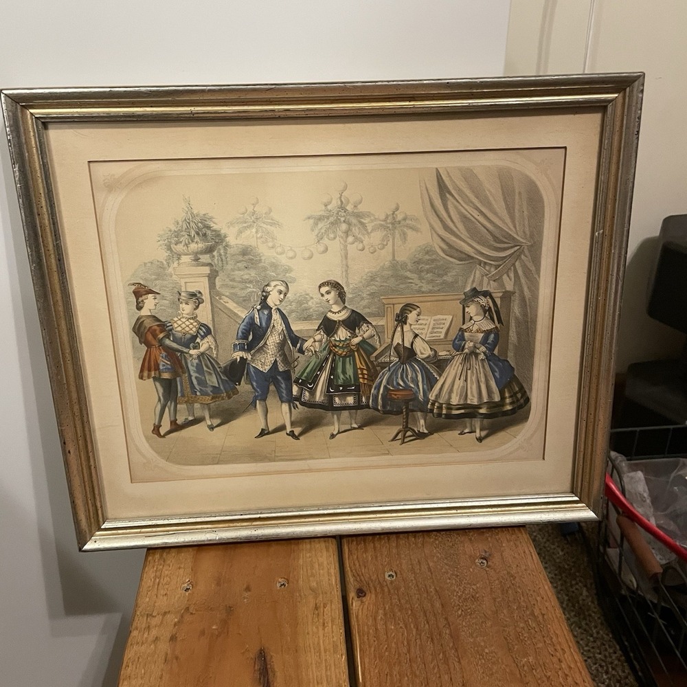 Vintage French Juvenile Fancy Dress Party"Masked Ball"  Lithograph Print Framed